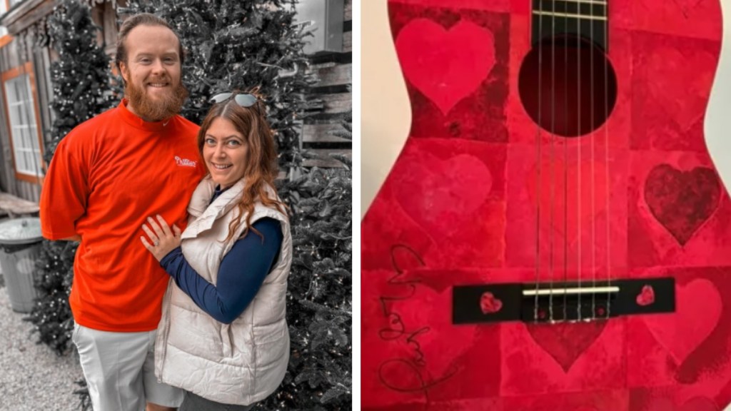 A two-photo collage. The first shows Emily Harris and Jake McDaniel smiling as the pose together outside. The second image shows Emily's signed Taylor Swift guitar. It's red with hearts on it.
