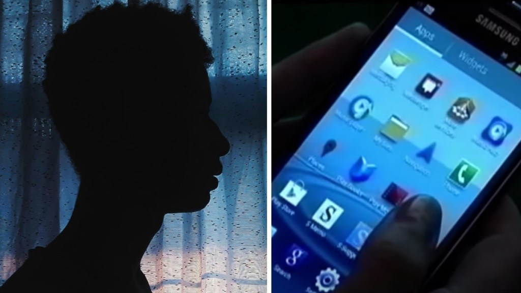 A two-photo collage. The first shows a silhouette of a young man. Behind him is a blue curtain with some light barely coming through. The second image shows a close up of someone holding a cell phone in the dark.