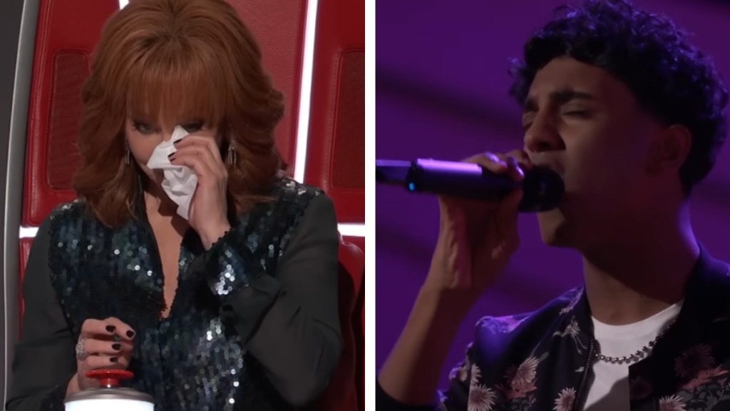 A two-photo collage. The first shows Reba McEntire wiping her eye with a tissue as she sits in her chair on "The Voice." The second image shows William Alexander with his eyes closed as he sings into the mic.