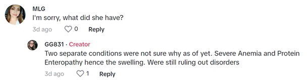 Image shows a comment from TikTok answering a question about the little girls diagnosis.