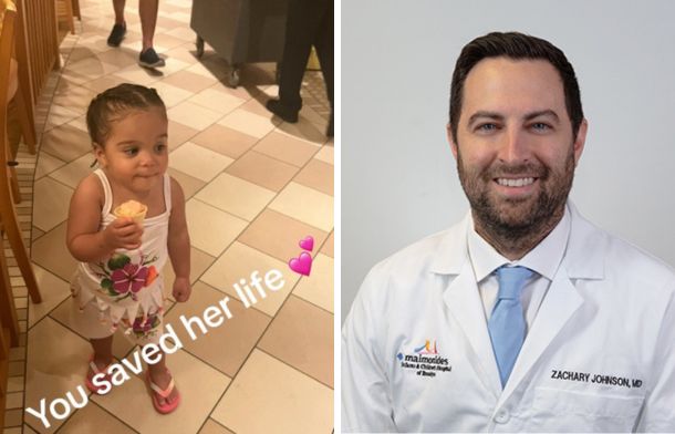 Left image shows a happy, smiling toddler with "You saved her life" printed across the bottom. Right image shows the portfolio portrait of Dr. Zachary johnson, who the parents credit with saving their daughter's life.