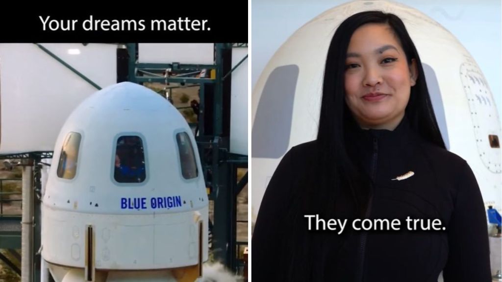 The Blue Origin rocket Amanda Nguyen will go to space in. A potrait of Amanda Nguyen with the words "They come True"