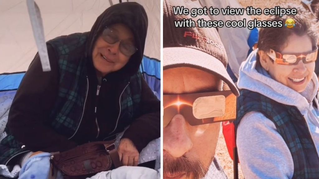 Left image shows a women inside a tent. Right image shows a mother and son wearing eclipse glasses and ready to view a solar eclipse.