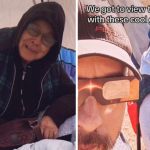 Left image shows a women inside a tent. Right image shows a mother and son wearing eclipse glasses and ready to view a solar eclipse.