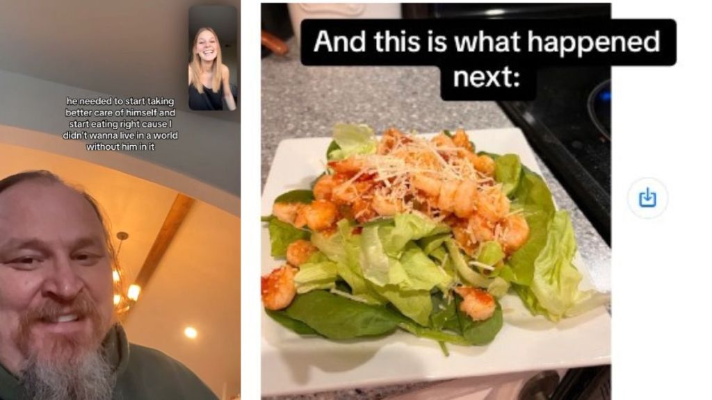 Left image shows a father and daughter phone conversation with her telling him he needs to make changes in his lifestyle. Right image shows a healthy meal he began eating after the conversation.