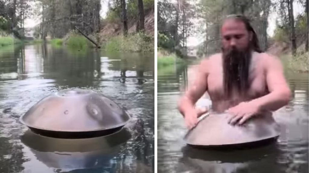 Left image shows a handpan drum resting on the water surface of a small river.