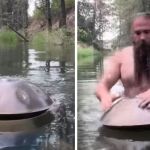 Left image shows a handpan drum resting on the water surface of a small river.
