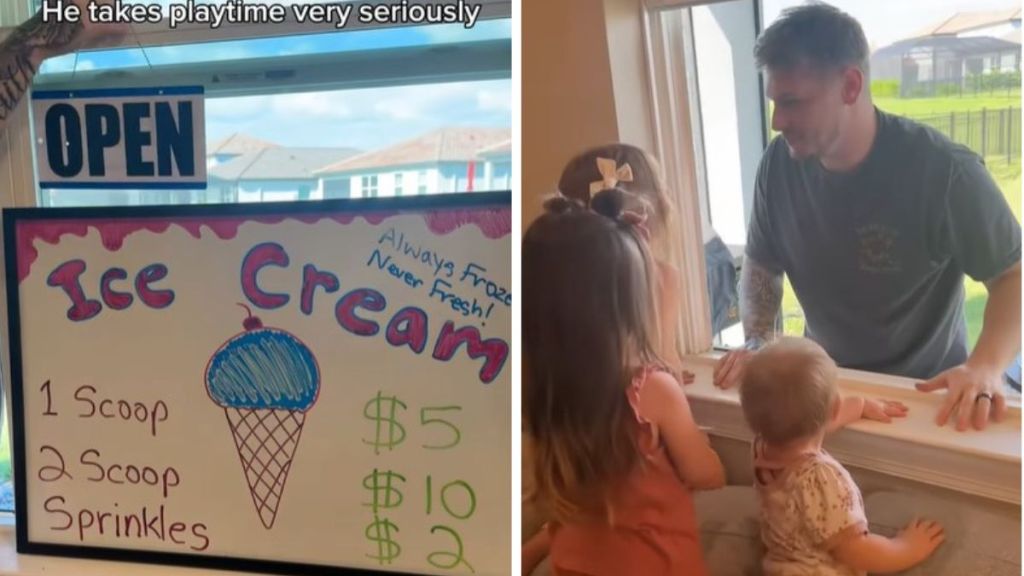 Left Image shows the sign a dad made for a play ice cream shop. Right image shows his daughters lining up for ice cream.
