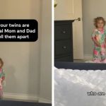 Images show one identical twin entering the parent's bedroom and neither parent being sure which one it is.