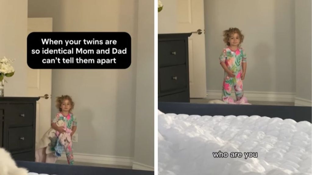 Images show one identical twin entering the parent's bedroom and neither parent being sure which one it is.