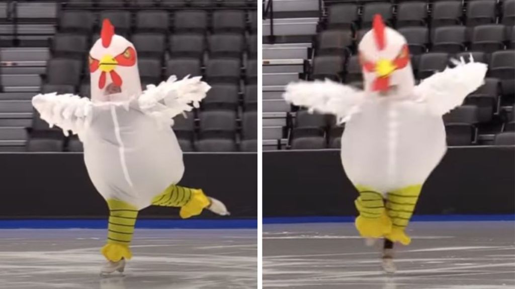 Images show a person figure skating in an inflatable chicken suit.