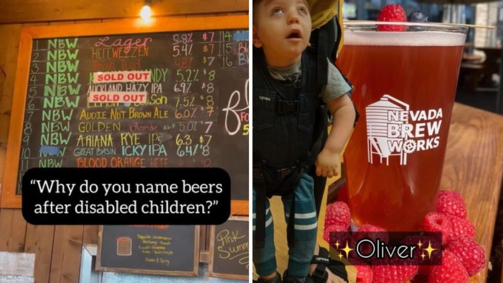 Left image shows the menu sign in the Nevada Brew Works taproom. Right image shows Oliver, one of the disabled children sponsored by the brewery.