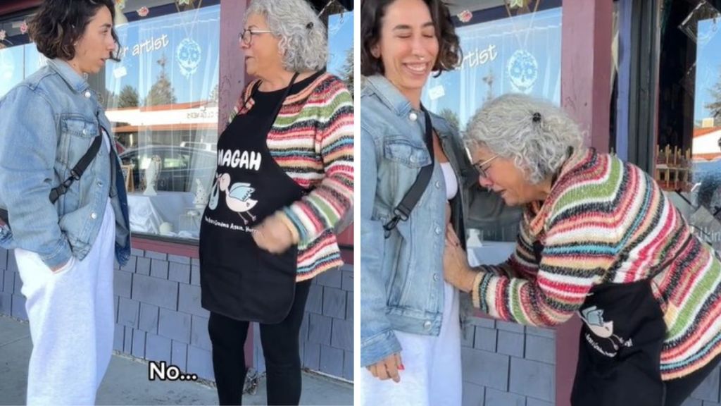 Left image shows a mother and daughter during a pregnancy reveal. Right image shows the new grandma caressing the daughter's not-yet-showing baby bump.