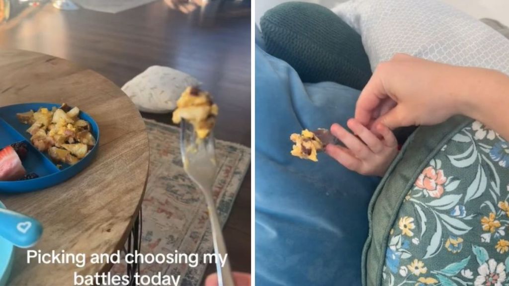 Left image shows a full plate, a full fork, and has the words, "Picking and choosing my battles today." Right image shows an adult hand handing the forkful of food into the hand of a toddler hiding in a pillow fort.