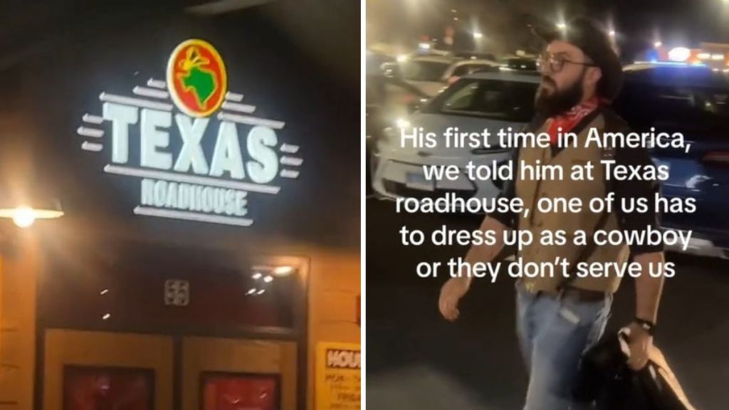 Left image shows a Texas Roadhouse sign above the front doors. Right image shows a man dressed as a cowboy walking into the restaurant.