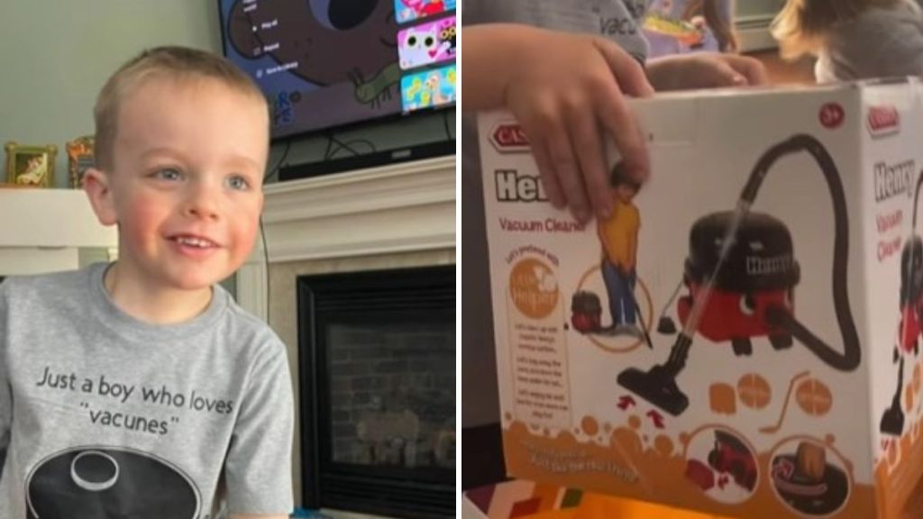 Left image shows a boy who loves "vacunes." Right image shows a toy vacuum cleaner he received as a birthday gift.