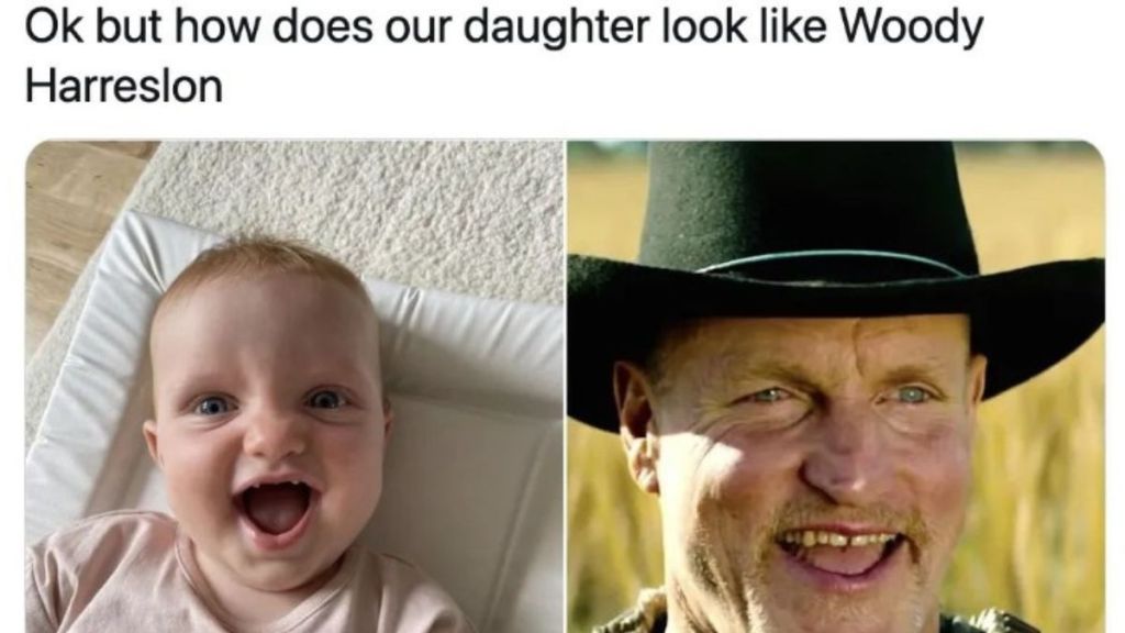 Image shows a tweet comparing a baby to actor Woody Harrelson.