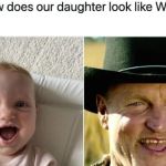 Image shows a tweet comparing a baby to actor Woody Harrelson.