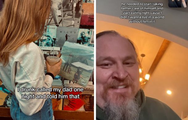 Images from a TikTok slideshow showing a phone conversation between a daughter (left) and her father (right).
