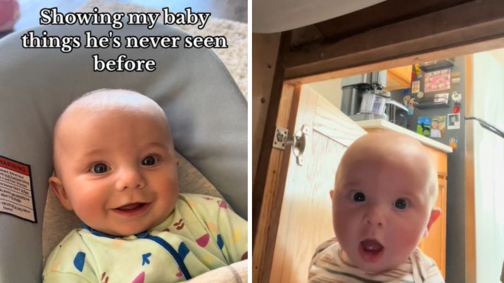 Left image shows a laughing infant. Right image shows the same infant making a shocked face.