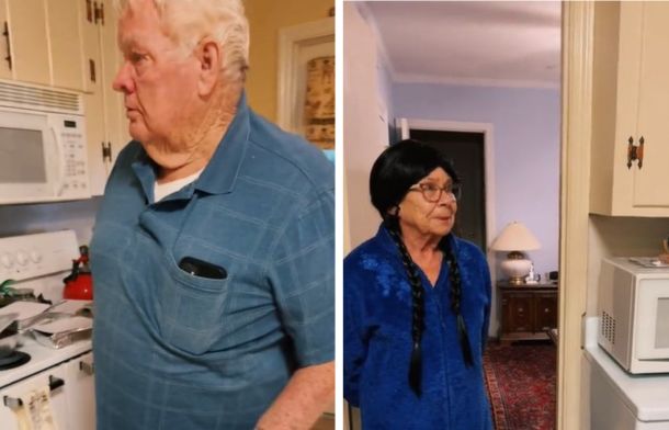 Left image shows a grandpa as he gets a first glimpse of his wife in a new wig. Right image shows a grandma modeling a Willie-Nelson-style wigs with long black braids.