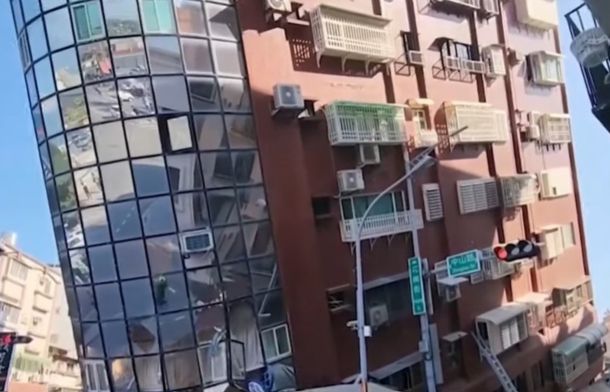 Image shows a severely damaged building after the Taiwan earthquake.