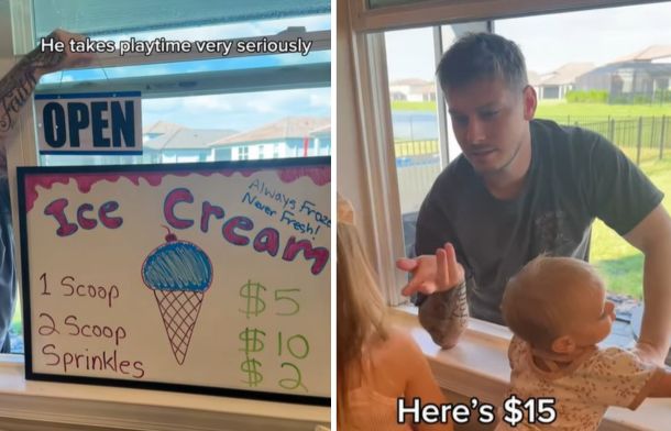 Left image shows a dad's sign for an ice cream shop as he plays with his children. Right image shows the dad accepting invisible money to cover the sweet treats his daughters are getting.