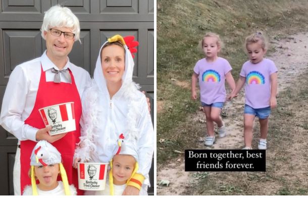 Left image shows the four-member family in coordinated Halloween outfits. Right image shows the identical twins holding hands on a walk.