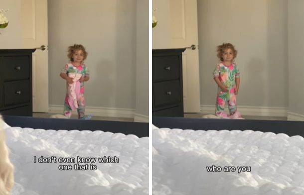 Images show one of the twin girls walking into the parent's bedroom with commentary from the parents trying to figure out which twin it is.