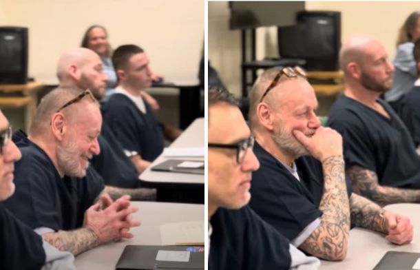 Images show a prisoner getting a little teary-eyed while listening to his music composition performed onstage.