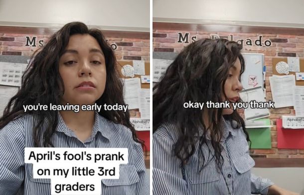 Image shows a third grade teacher pulling a prank on her students by pretending to leave school early.