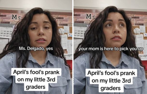 Images show a teacher listening to a PA announcement telling her that her mom is at the school to pick her up.