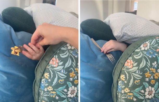 Left image shows a toddler mom handing a forkful of food into a pillow fort. Right image shows a tiny hand returning the empty fork.