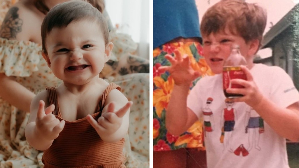 A two-photo collage. The first shows a close up of a little baby boy. He's playfully scrunching up his nose and reaching out in the direction of the camera. The second image shows a different little boy who is older. He's playfully scrunching up his nose in the same way as the baby as he reaches out his hands as if imitating an animal.