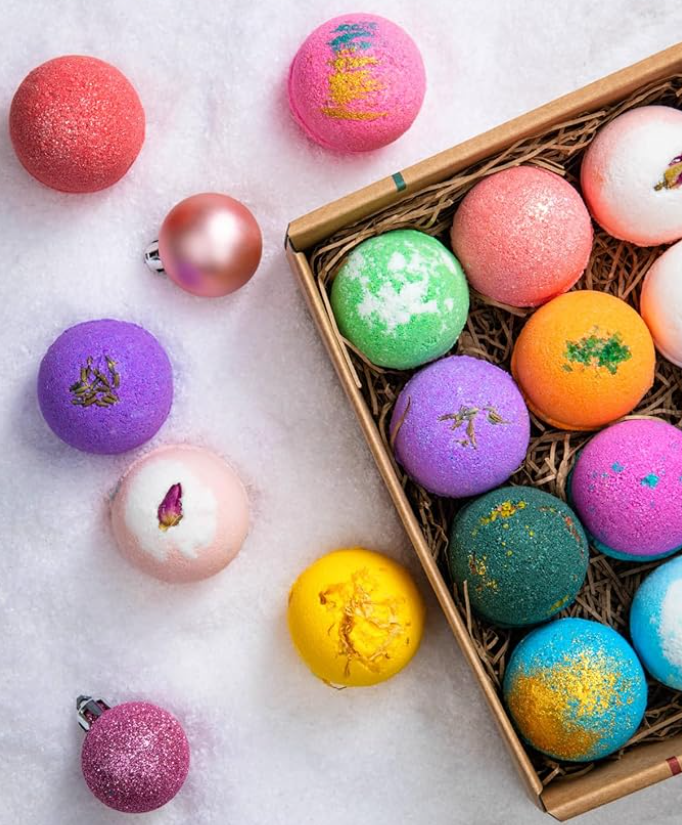 A box of bath bombs in many different colors.