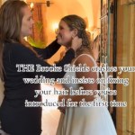Brooke Shields fixes a bride's hair as she smiles at her. Text on the image: THE Brooke Shields crashes your wedding and insists on fixing your hair before you're introduced for the first time