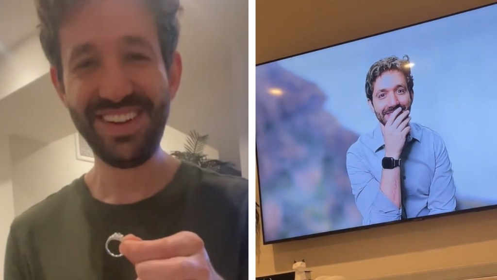 A two-photo collage. The first shows a close up of a man smiling as he holds up and engagement ring. The second image shows that same man on a TV, smiling as he covers his face.