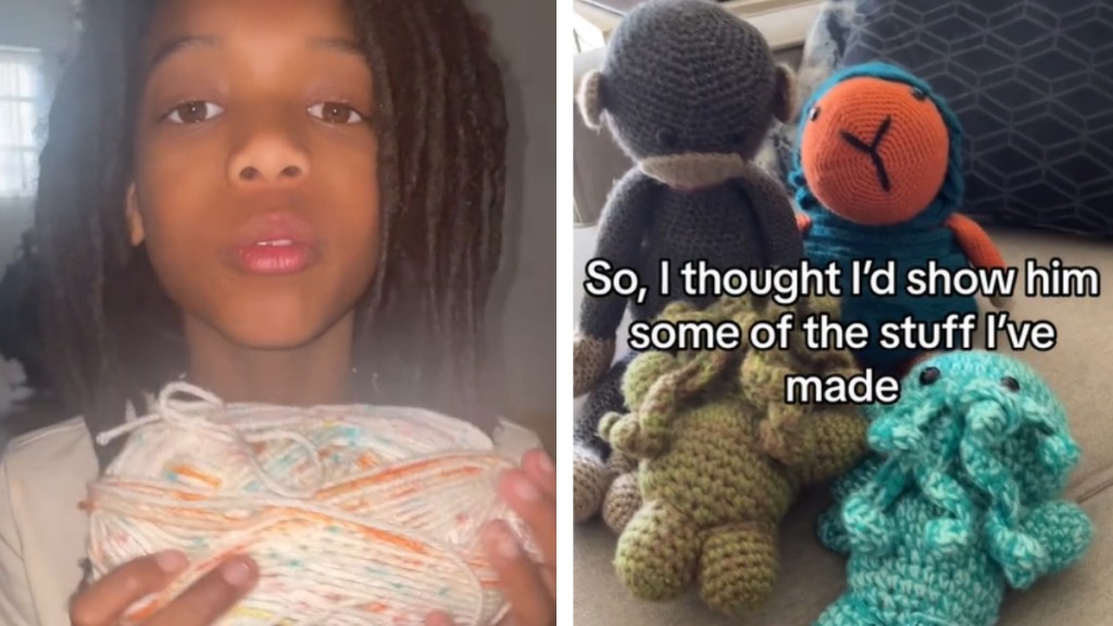 A two-photo collage. The first shows a little boy holding yarn in his hands to show the camera. The second image shows four crochet creatures. Text on the image reads: So, I thought I'd show him some of the stuff I've made