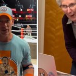 A two-photo collage. The first shows John Cena talking to the camera. The second image shows Uncle Ned smiling at his laptop. An older woman stands behind him, smiling.