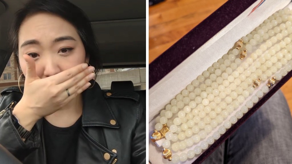 A two-photo collage. The first shows Kathleen Kim covering her mouth as she gets emotional. The second image shows a white jade necklace in a box.