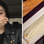 A two-photo collage. The first shows Kathleen Kim covering her mouth as she gets emotional. The second image shows a white jade necklace in a box.