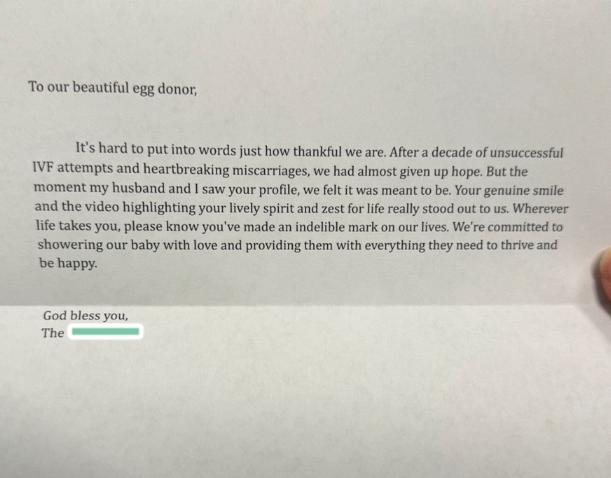 A typed and printed letter from a couple to their egg donor.