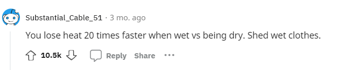 You lose heat 20 times faster when wet vs being dry. Shed wet clothes.