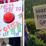 A two-photo collage. The first shows someone holding up a sign that reads: Press here to power up up up!!! There's a giant red "button" to push. The second image shows someone holding a sign that reads: Where is everyone going?