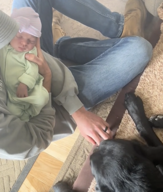 man introduces baby to childhood dog