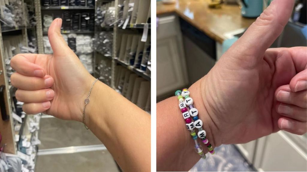 People wearing letter and name bracelets to honor someone.