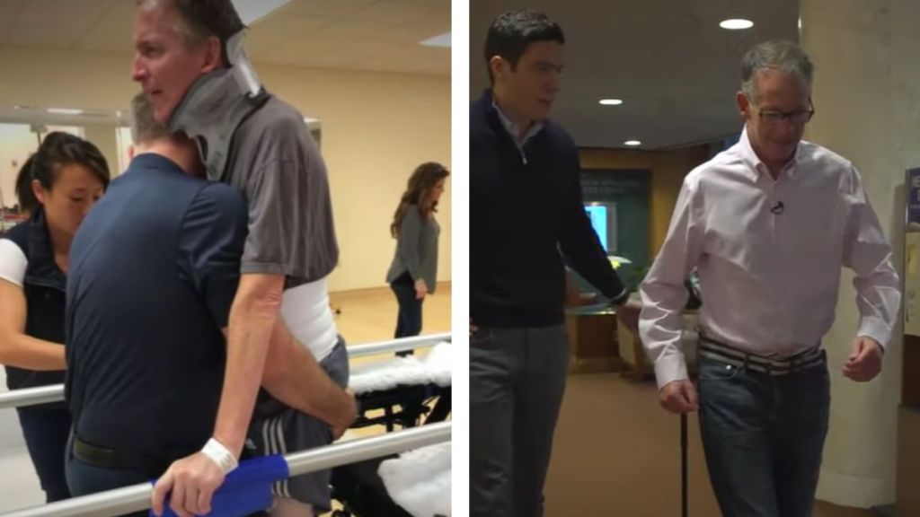 A side-by-side of a paralyzed man before and after treatment.