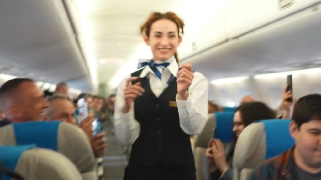 A flight attendant smiles as she runs down the aisle of the plane.