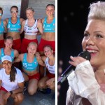 A two-photo collage. The first shows the Norwegian female beach handball team posing together while wearing their uniform with shorts. The second image shows a close up of Pink smiling as she talks into a mic.