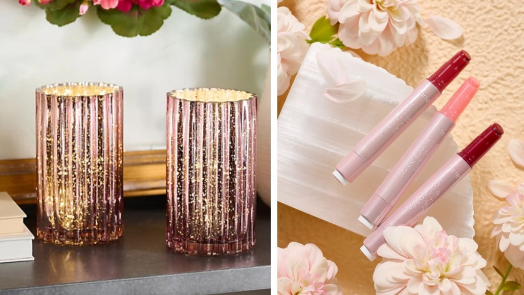 A two-photo collage. The first shows a set of 2 Illuminated Mercury Glass Hurricanes by Valerie in pink. They're lit up and sat on a shelf next to books and a vase of flowers. The second image shows tarte's Host Edition Maracuja Juicy Lip Trio are placed near pretty light pink flowers.